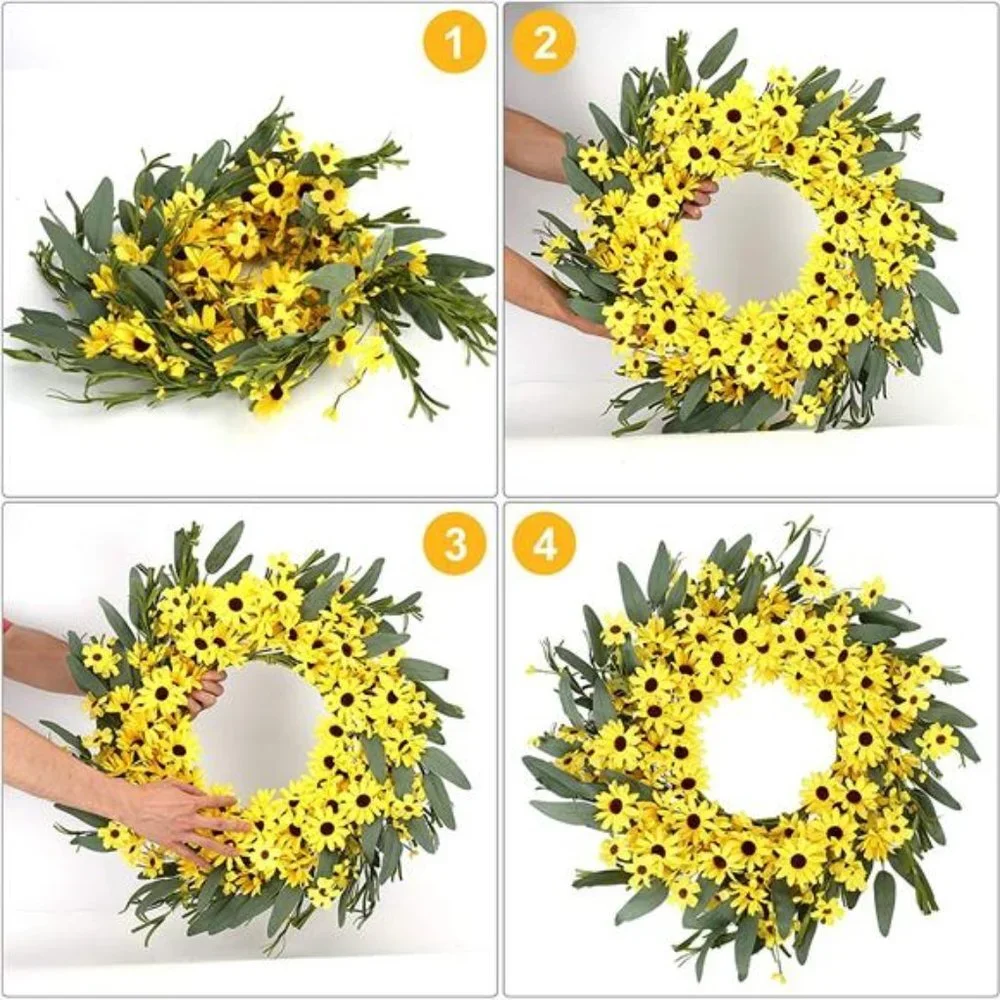 Yellow Spring Sunflower Daisy Wreath with Yellow Pip Berries and Green Leaves